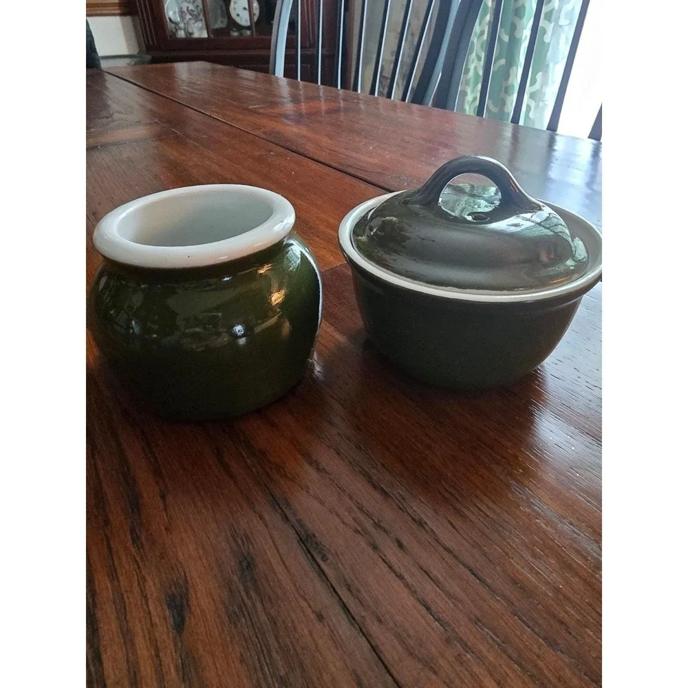 Hall China‎ Vintage Covered Sugar Bowl and Creamer Set Dark Green Made in USA